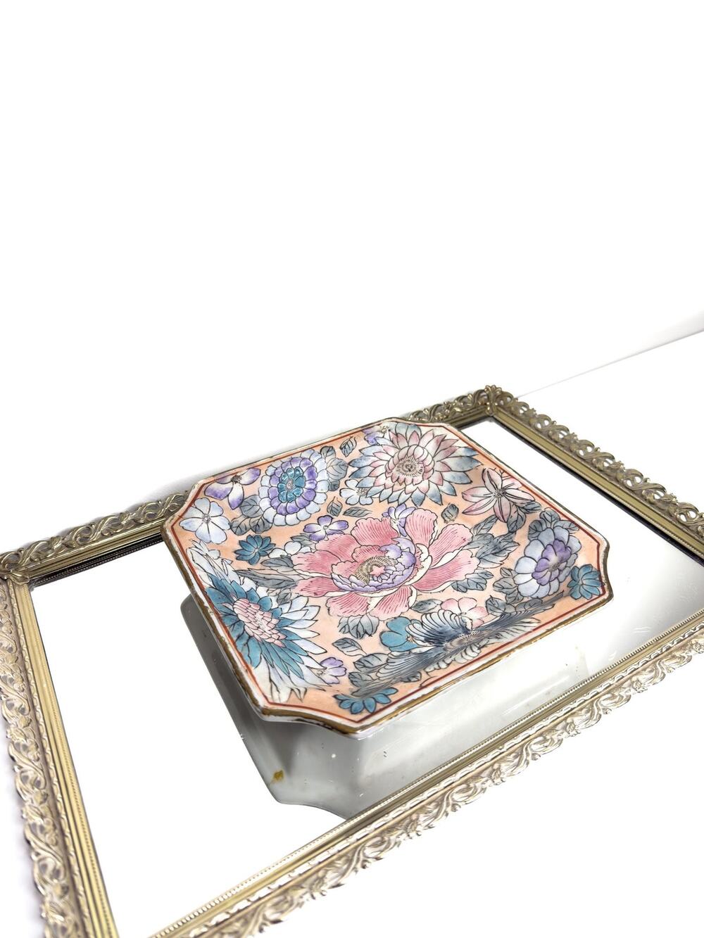 Set of Two Chinioserie Vintage Andrea by Sadek Floral Ceramic Square Trinket